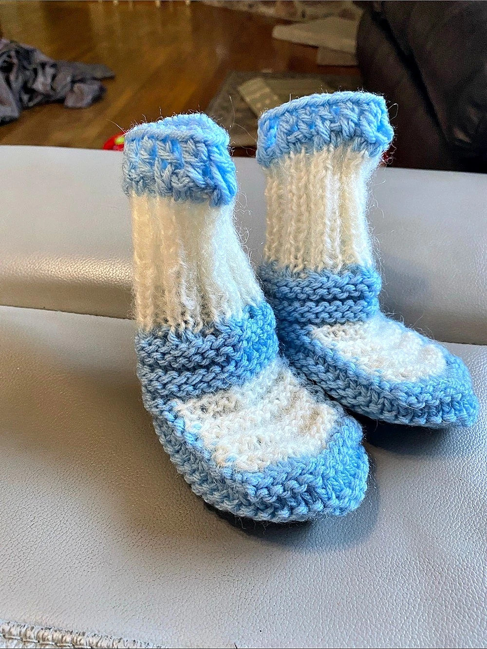 Blue & White Hand Knit Baby Booties